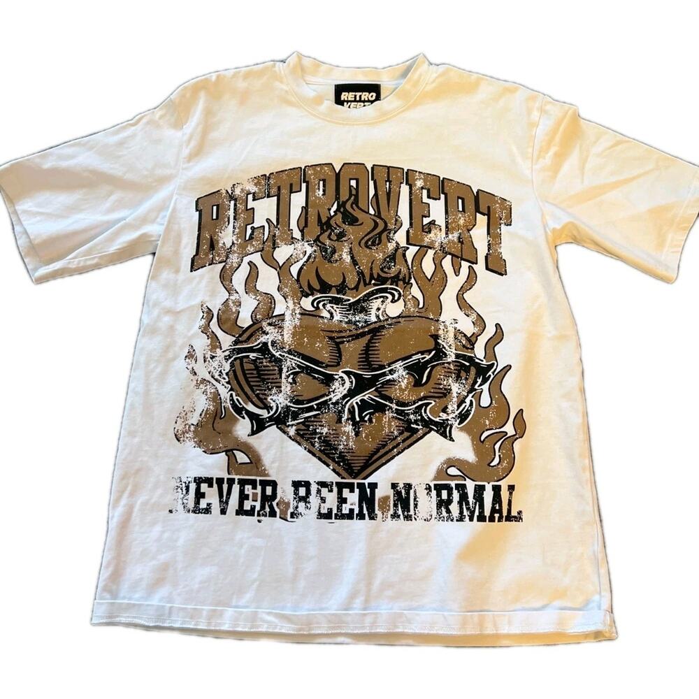 Retrovert Mens White Flame Graphic Retro Vintage Style Pure Cotton T Shirt Sz S